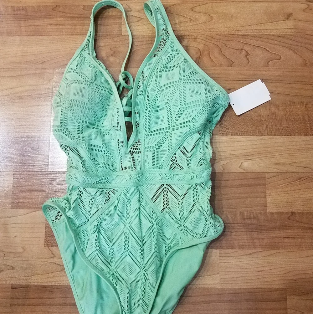 BECCA ONE PIECE SWIMSUIT MESH CROCHET MINT GREEN  XL